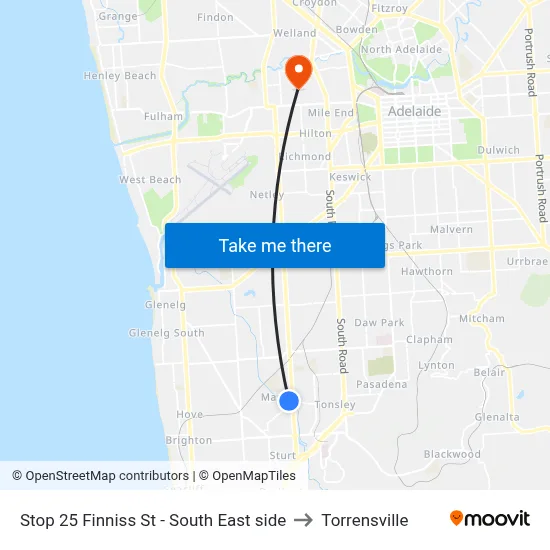 Stop 25 Finniss St - South East side to Torrensville map