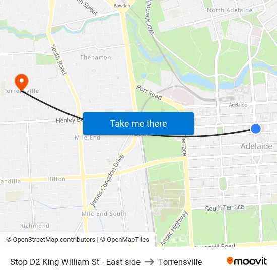Stop D2 King William St - East side to Torrensville map