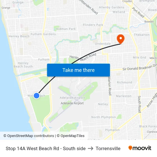 Stop 14A West Beach Rd - South side to Torrensville map