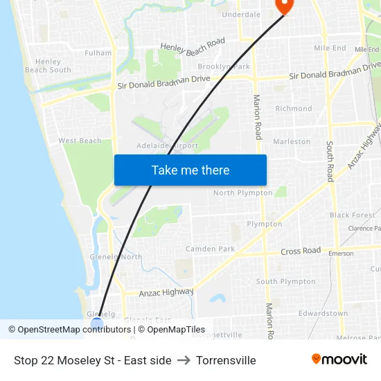 Stop 22 Moseley St - East side to Torrensville map