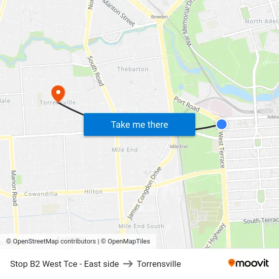 Stop B2 West Tce - East side to Torrensville map