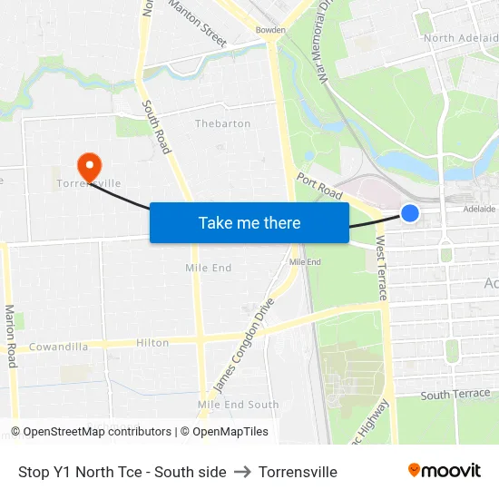 Stop Y1 North Tce - South side to Torrensville map