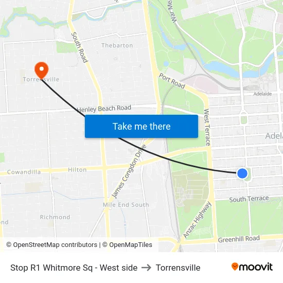 Stop R1 Whitmore Sq - West side to Torrensville map