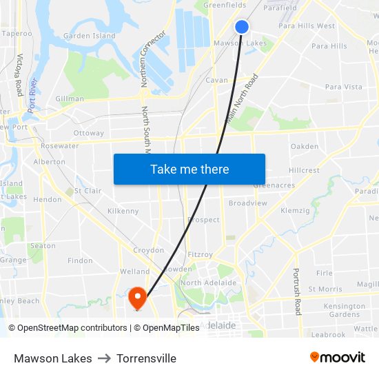 Mawson Lakes to Torrensville map