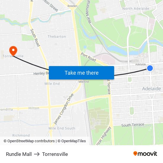 Rundle Mall to Torrensville map