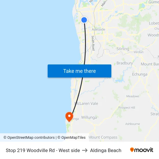 Stop 219 Woodville Rd - West side to Aldinga Beach map