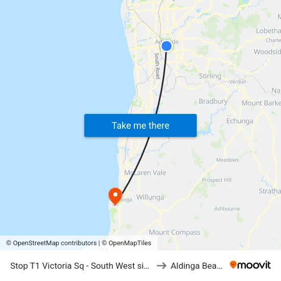 Stop T1 Victoria Sq - South West side to Aldinga Beach map