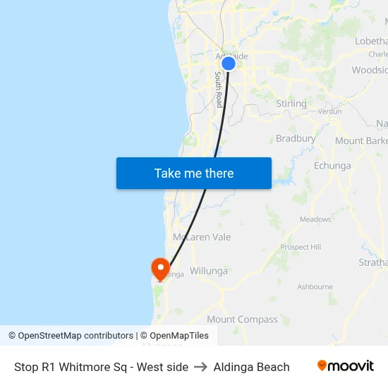Stop R1 Whitmore Sq - West side to Aldinga Beach map