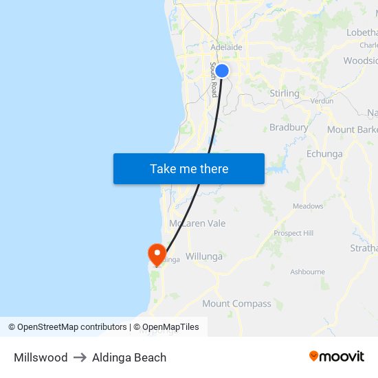 Millswood to Aldinga Beach map