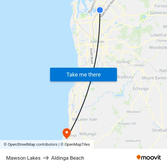 Mawson Lakes to Aldinga Beach map