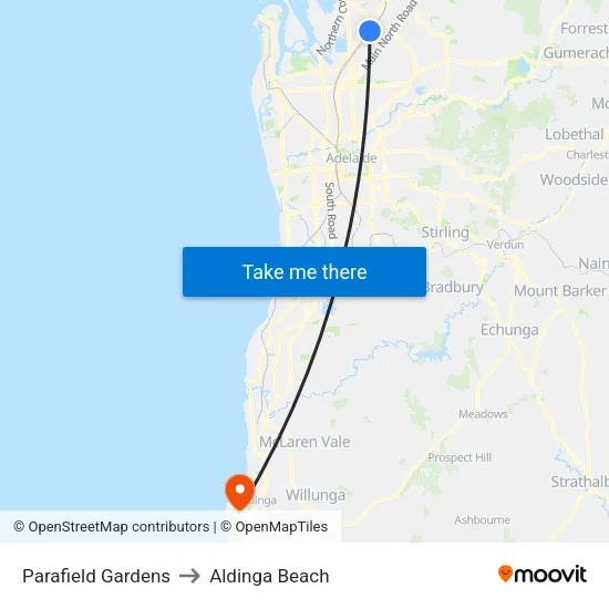 Parafield Gardens to Aldinga Beach map
