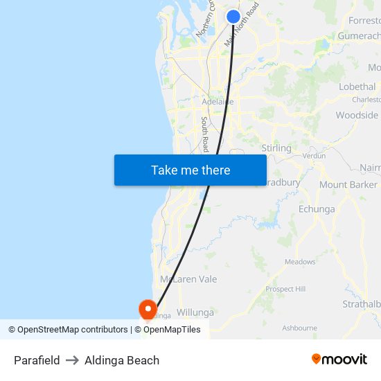 Parafield to Aldinga Beach map