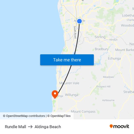 Rundle Mall to Aldinga Beach map