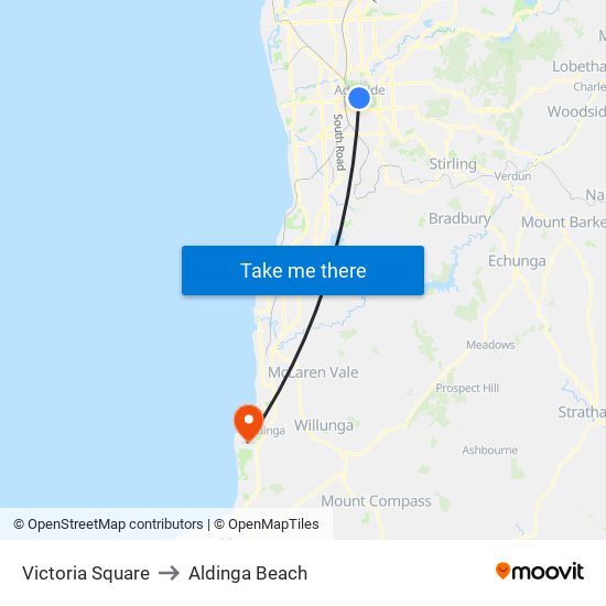Victoria Square to Aldinga Beach map