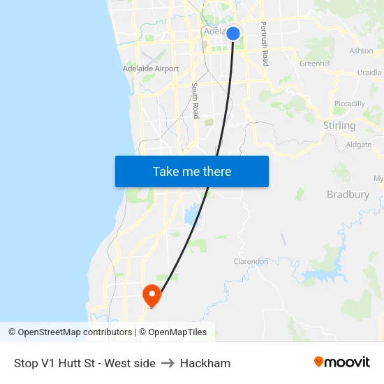 Stop V1 Hutt St - West side to Hackham map