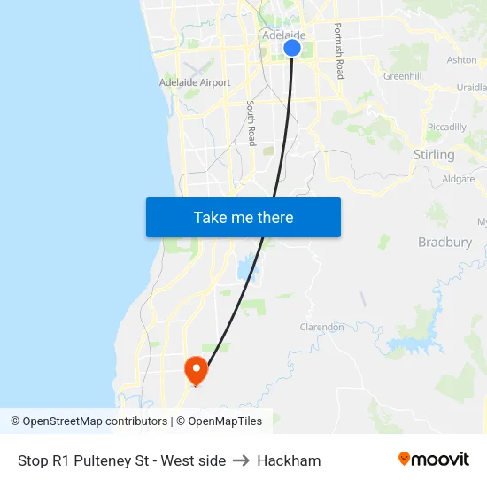 Stop R1 Pulteney St - West side to Hackham map