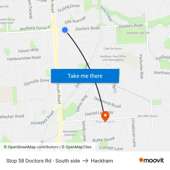 Stop 58 Doctors Rd - South side to Hackham map