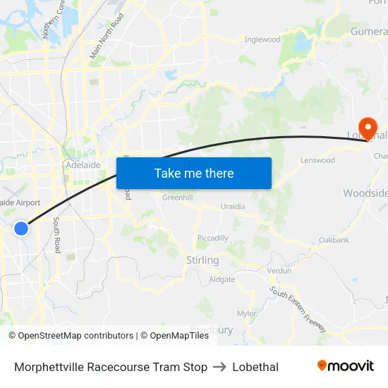 Morphettville Racecourse Tram Stop to Lobethal map