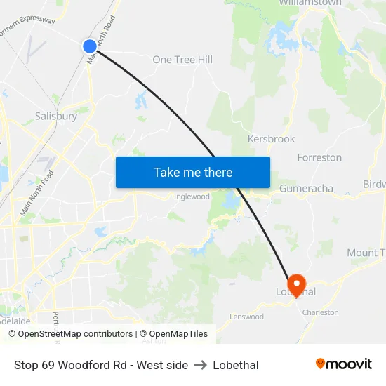 Stop 69 Woodford Rd - West side to Lobethal map