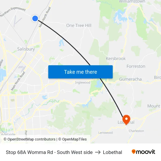 Stop 68A Womma Rd - South West side to Lobethal map