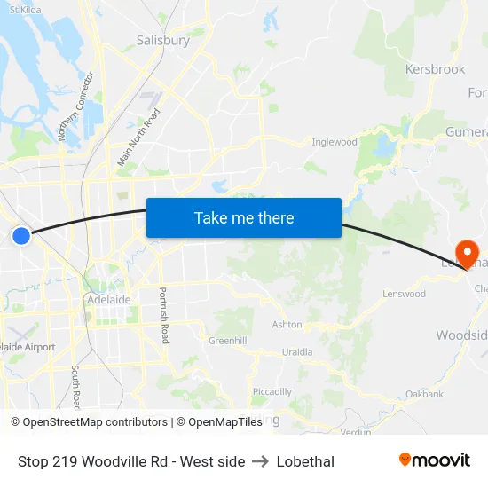 Stop 219 Woodville Rd - West side to Lobethal map
