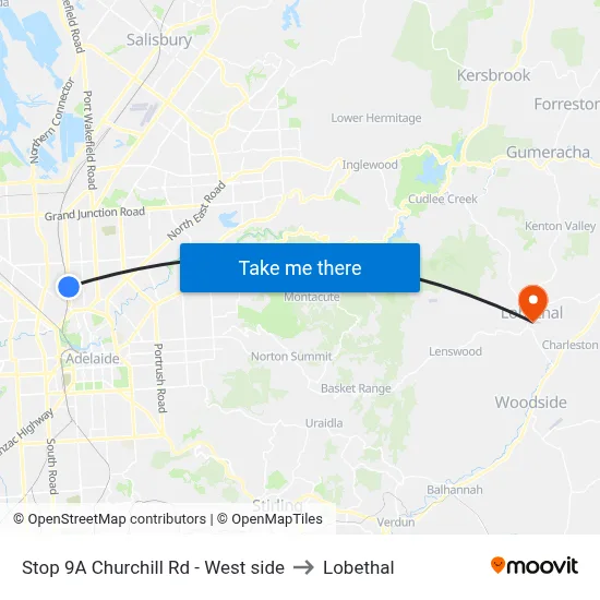 Stop 9A Churchill Rd - West side to Lobethal map