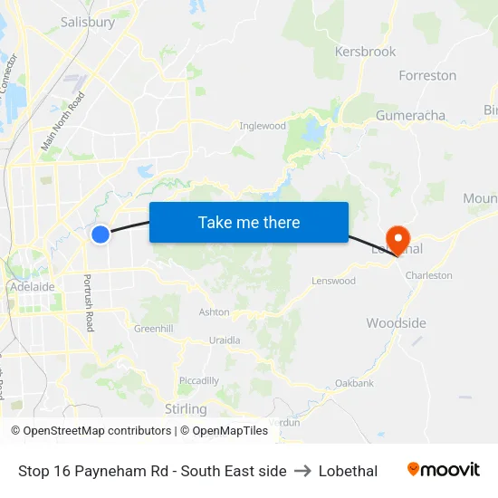 Stop 16 Payneham Rd - South East side to Lobethal map