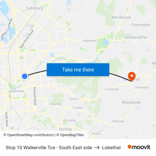 Stop 10 Walkerville Tce - South East side to Lobethal map