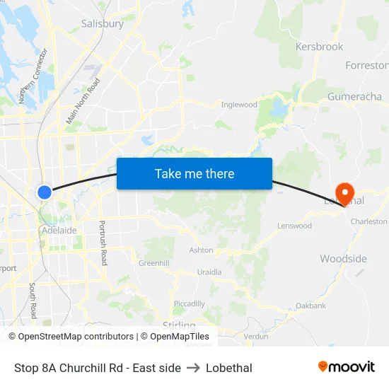 Stop 8A Churchill Rd - East side to Lobethal map