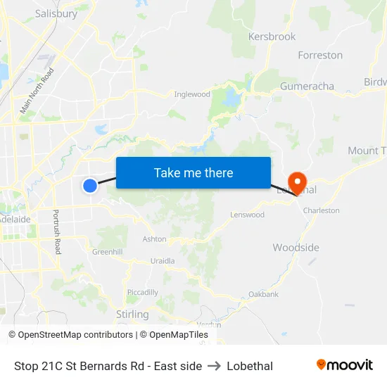 Stop 21C St Bernards Rd - East side to Lobethal map