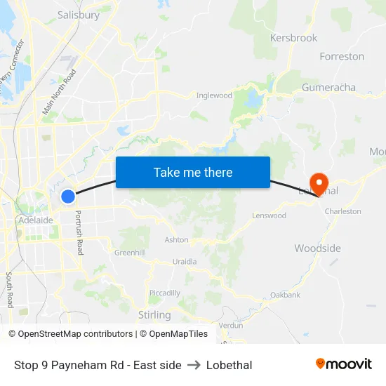 Stop 9 Payneham Rd - East side to Lobethal map