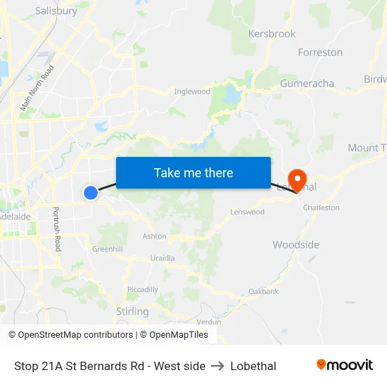 Stop 21A St Bernards Rd - West side to Lobethal map