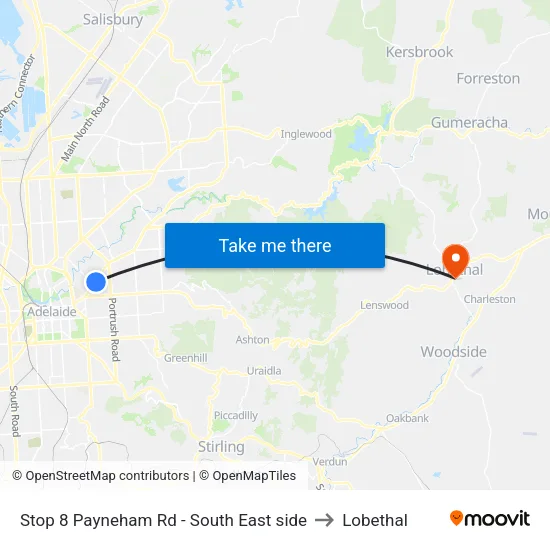 Stop 8 Payneham Rd - South East side to Lobethal map