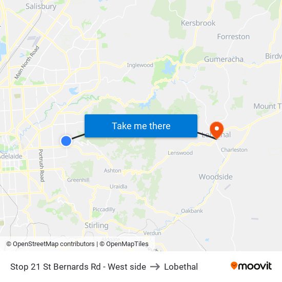 Stop 21 St Bernards Rd - West side to Lobethal map