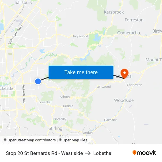 Stop 20 St Bernards Rd - West side to Lobethal map