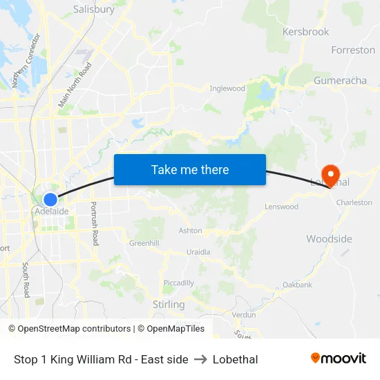 Stop 1 King William Rd - East side to Lobethal map