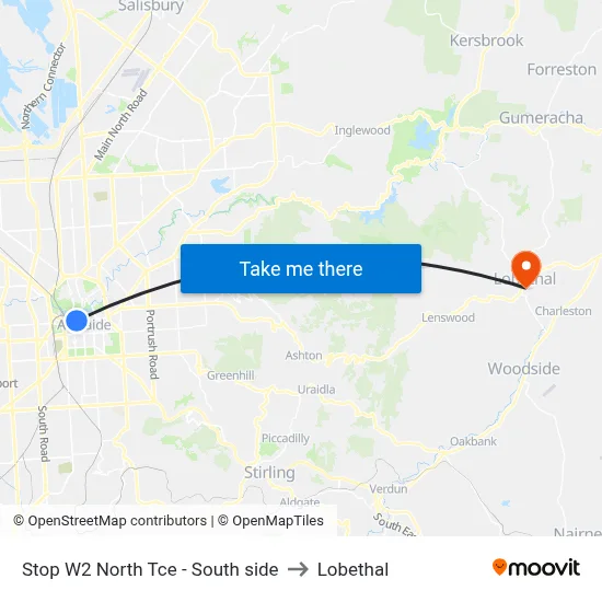 Stop W2 North Tce - South side to Lobethal map