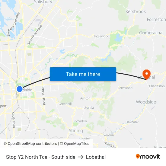 Stop Y2 North Tce - South side to Lobethal map