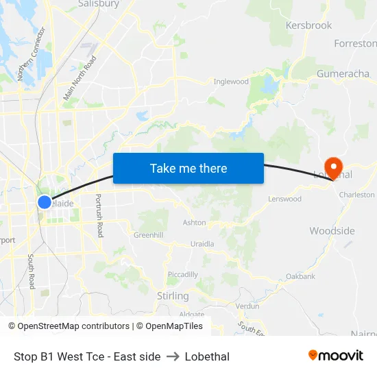 Stop B1 West Tce - East side to Lobethal map