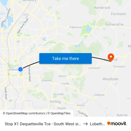 Stop X1 Dequetteville Tce - South West side to Lobethal map