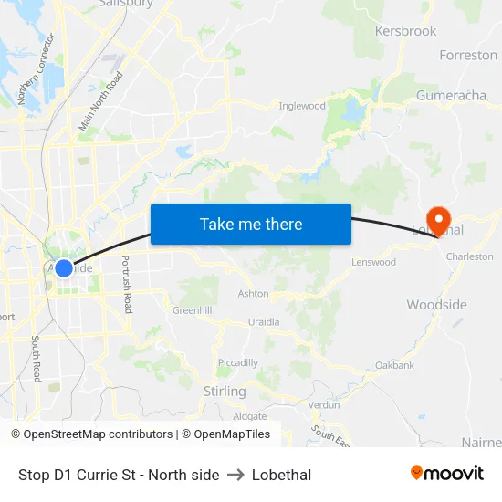 Stop D1 Currie St - North side to Lobethal map