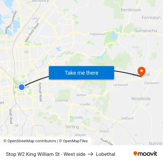 Stop W2 King William St - West side to Lobethal map