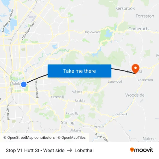 Stop V1 Hutt St - West side to Lobethal map