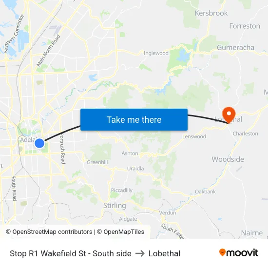 Stop R1 Wakefield St - South side to Lobethal map