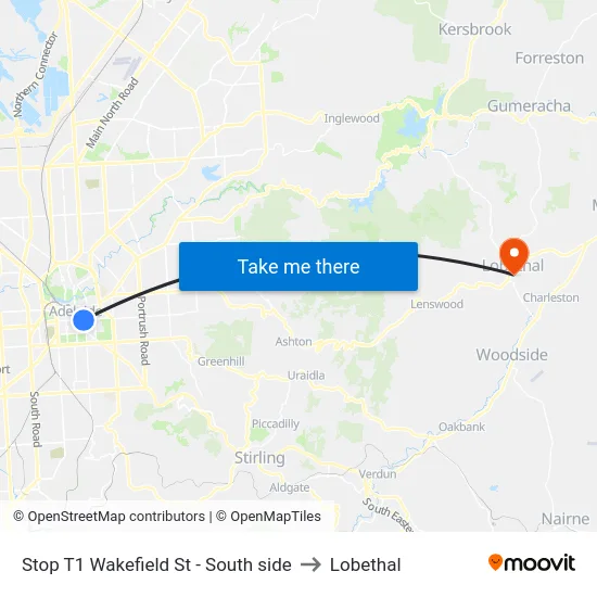 Stop T1 Wakefield St - South side to Lobethal map