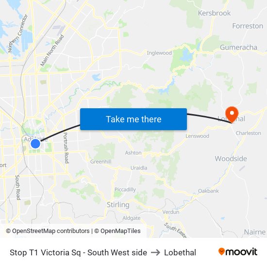 Stop T1 Victoria Sq - South West side to Lobethal map