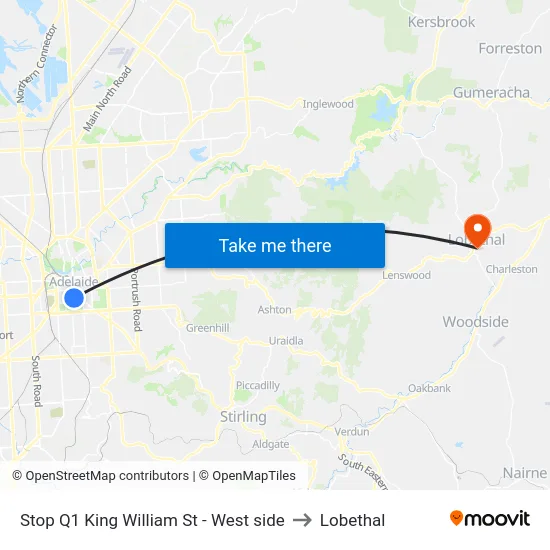 Stop Q1 King William St - West side to Lobethal map