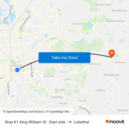 Stop K1 King William St - East side to Lobethal map