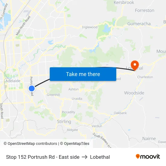 Stop 152 Portrush Rd - East side to Lobethal map