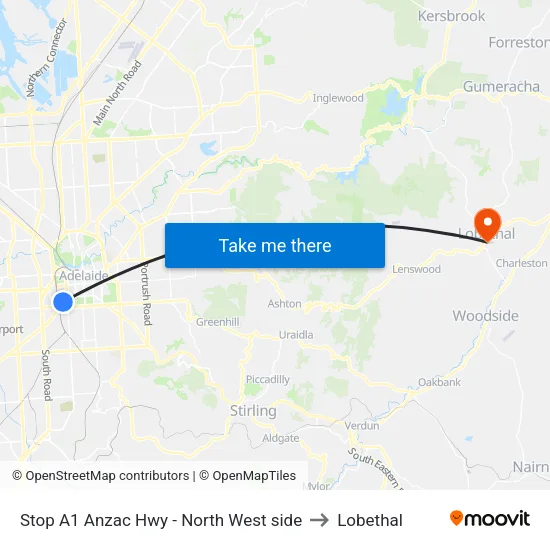 Stop A1 Anzac Hwy - North West side to Lobethal map